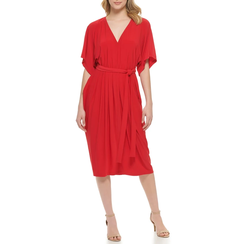 Tommy Hilfiger Womens Red Belted Solid Long Sleeve Round Neck Above The Knee Fit + Flare Cocktail Dress UK Size:16 - Image 1