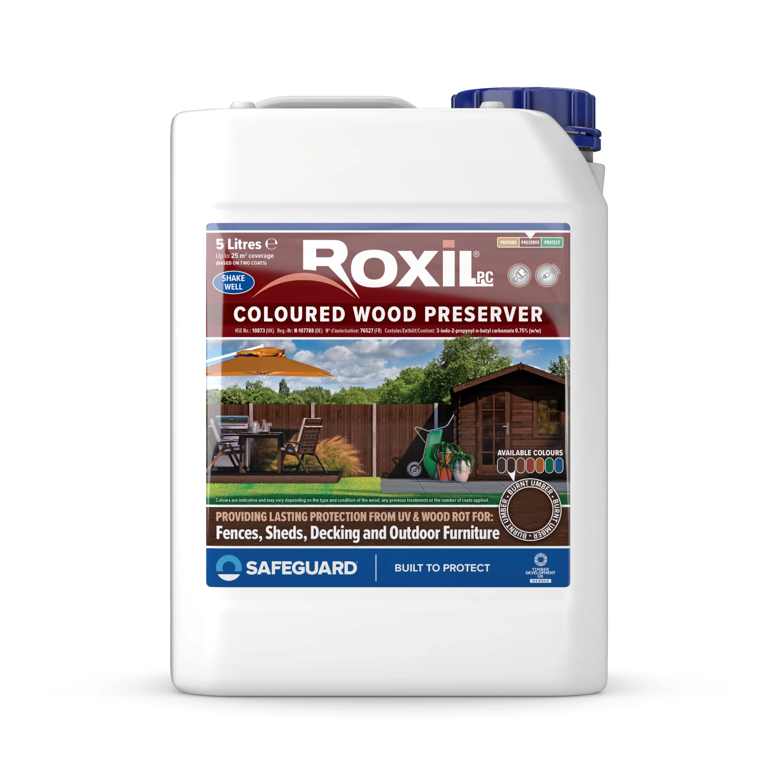 Roxil Wood Stain Preserver 5 Litre (Burnt Umber) Fast-Drying Satin Finish for Decking, Fence, Shed, Furniture. 5 Year Protection for Indoor & Outdoor