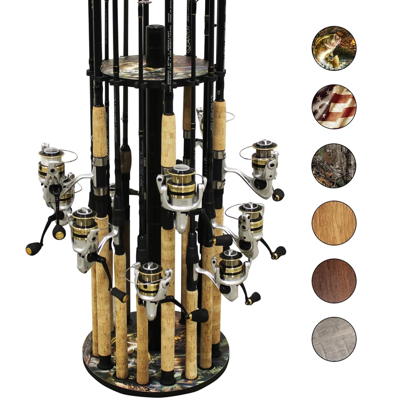 Rush Creek Creations Round Fishing Rod Holder - 16 Pole Rack with Clips for Garage Organization