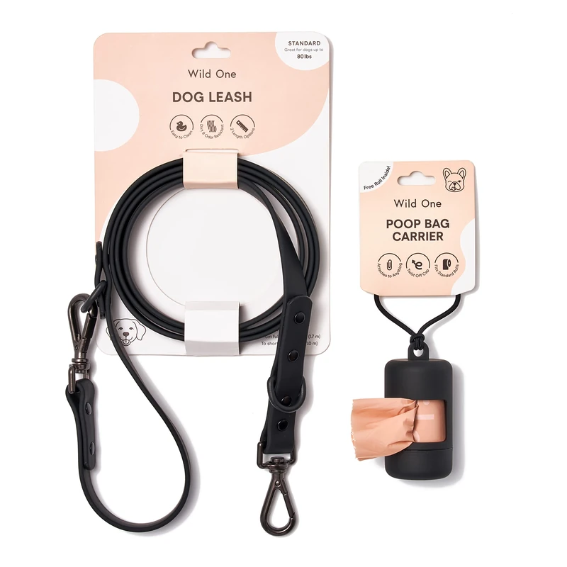 Wild One Nylon Adjustable Length Leash 5.5 Feet and Poop Bag Carrier Set, Waterproof, Odor Resistant, Black