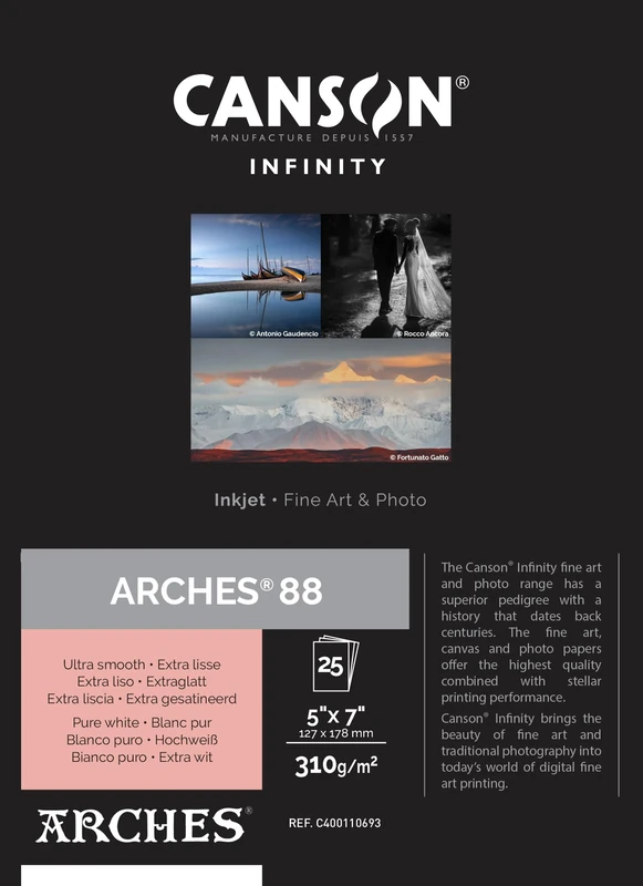 Canson Infinity Arches 88 Ultra Smooth Pure White Matt Inkjet Photo Paper, 310gsm, 12.7 x 17.8 cm, 25 Sheets, Acid-Free, Ideal for Professional Photographers