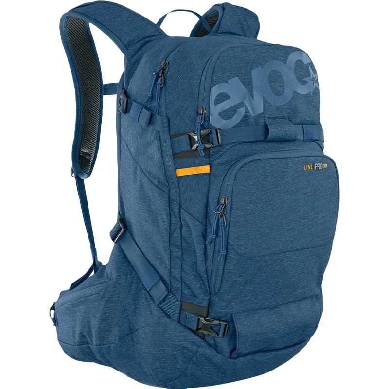 EVOC LINE PRO 30 Touring Backpack (LITESHIELD PLUS Protection, Boddy Hugging, Ski Mount, Snowboard Mount, Water Bottle Slot, Insulated Shoulder Strap, Quick Back Access, Avalanche Pocket), Denim Blue