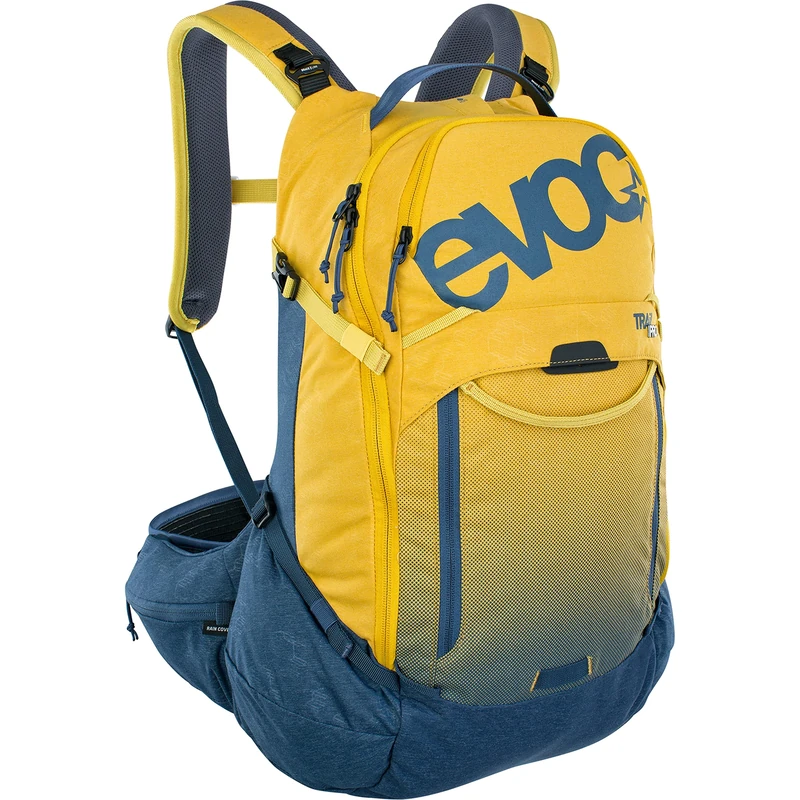 EVOC TRAIL PRO 26l protector backpack for day tours & trail riding (LITESHIELD PLUS back protector, extremely lightweight, wide hip fins, 3l hydration bladder compartment, Size: S/M), Curry/Denim