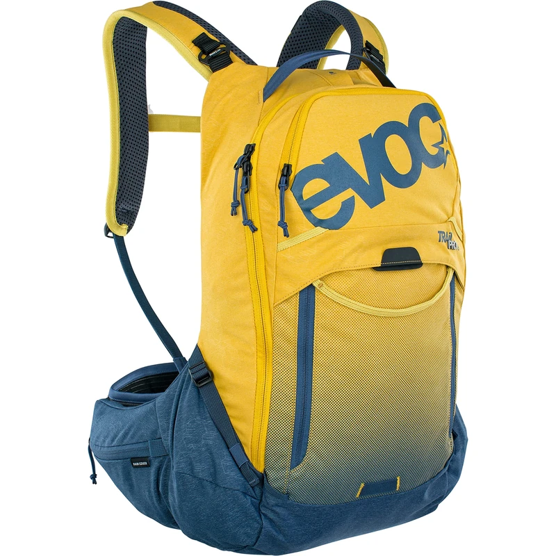 EVOC TRAIL PRO 16l protector backpack for day tours & trail riding (LITESHIELD PLUS back protector, extremely lightweight, wide hip fins, 3l hydration bladder compartment, Size: L/XL), Curry/Denim