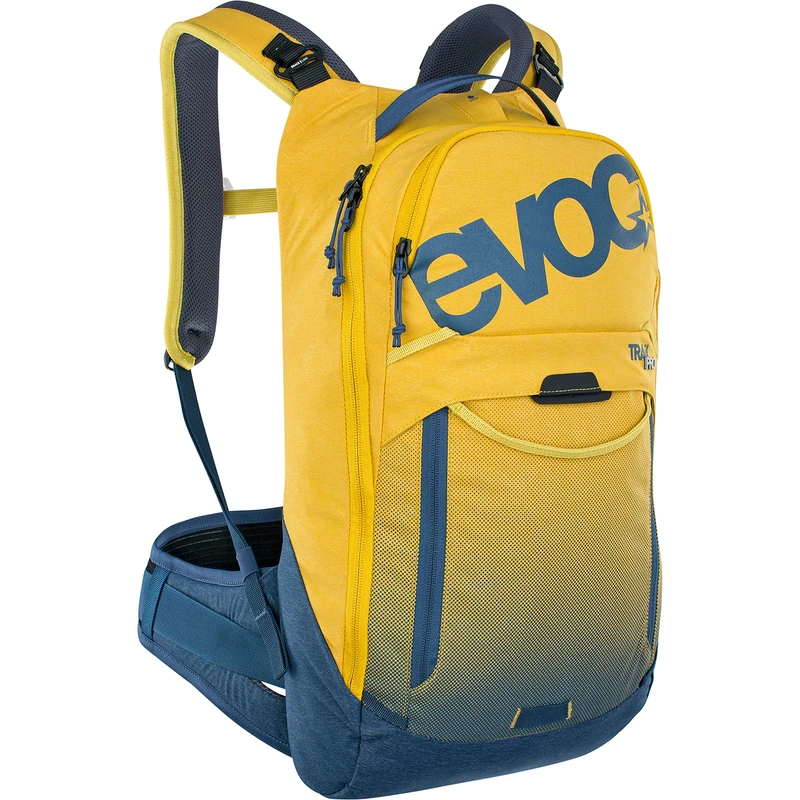 EVOC TRAIL PRO 10l protector backpack for day tours & trail riding (LITESHIELD PLUS back protector, extremely lightweight, wide hip fins, 3l hydration bladder compartment, Size: L/XL), Curry/Denim