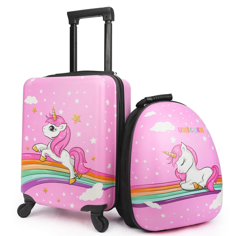 emissary Kids Luggage with Wheels for Girls,18” Unicorn Kids Suitcase with 14” Backpack,Kids Suitcases for Girls,Hard-Sided Rolling Kids Suitcase,Kids Carry On Luggage with Wheels, Pink, Traveling - Image 1