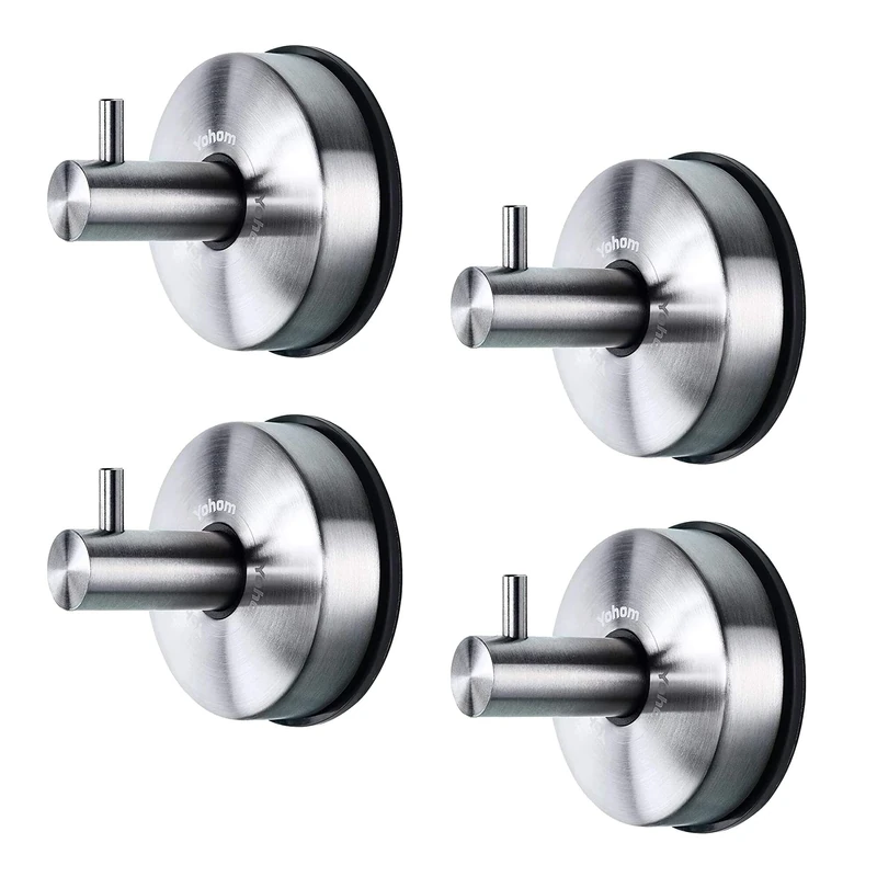 YOHOM Suction Cup Towel Hooks - Stainless Steel Heavy Duty Suction Hook Coat Hanger for Robe No Drill Silver 4Pcs