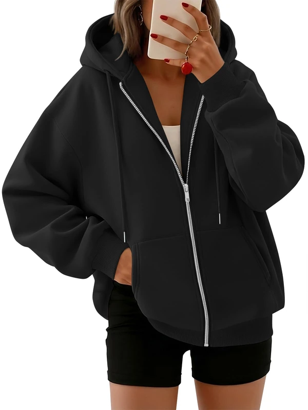 Trendy Queen Womens Zip Up Hoodies Oversized Sweatshirts Fall School Fashion Outfits Casual Jackets 2025 Winter Clothes, Black, Large - Image 1