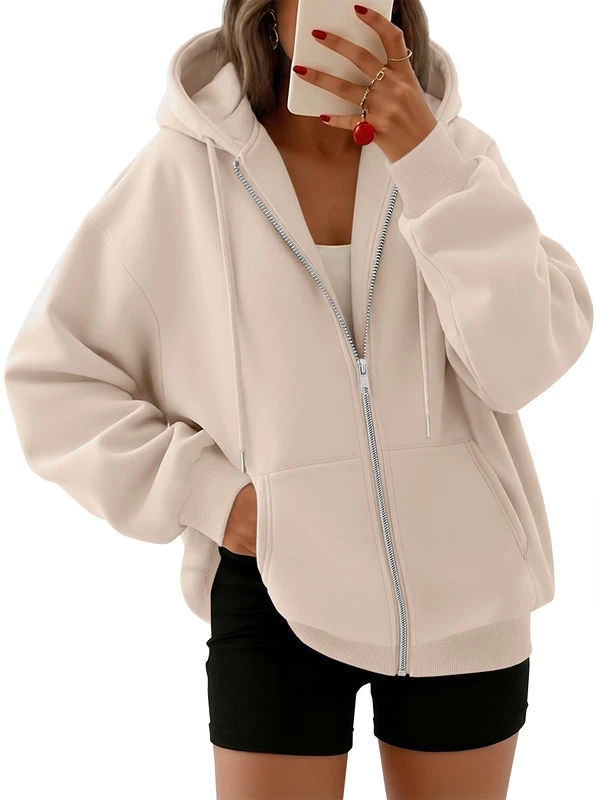Trendy Queen Womens Zip Up Hoodies Long Sleeve Sweatshirts Fall Outfits Oversized Sweaters Casual Fashion Jackets, Apricot, S - Image 1