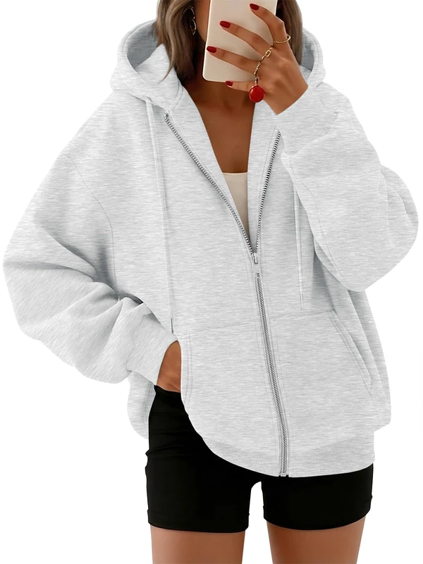 Trendy Queen Womens Zip Up Y2K Hoodies Long Sleeve Fall Oversized Casual Sweatshirts Jacket with Pocket, Grey, Large