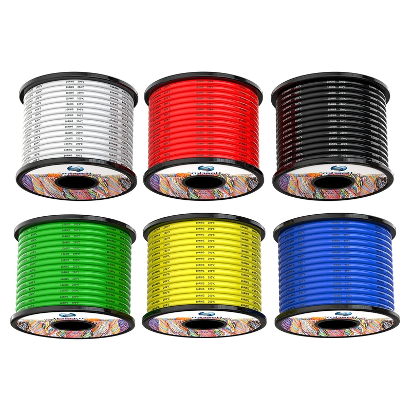 10awg Silicone Electrical Wire Cable 6 Colors 6x10FT 10 Gauge Hookup Wires kit Stranded Tinned Copper Wire Flexible and Soft High Temperature Resistance