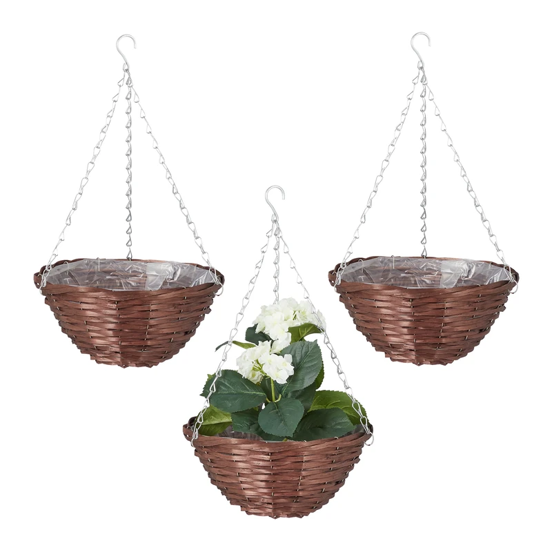 Relaxdays Set of 3 Hanging Plant Basket, Handmade Wicker, Willow Wood, with Foil, Flower Pots, HxØ: 14 x 30 cm, Brown