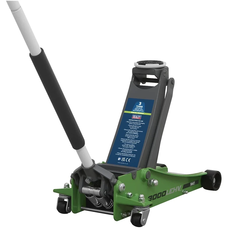 Sealey 3 Tonne Low Profile Trolley Jack, Car Jack, with Rocket Lift - High Vis Green - 3000LEHV, 5054630270338