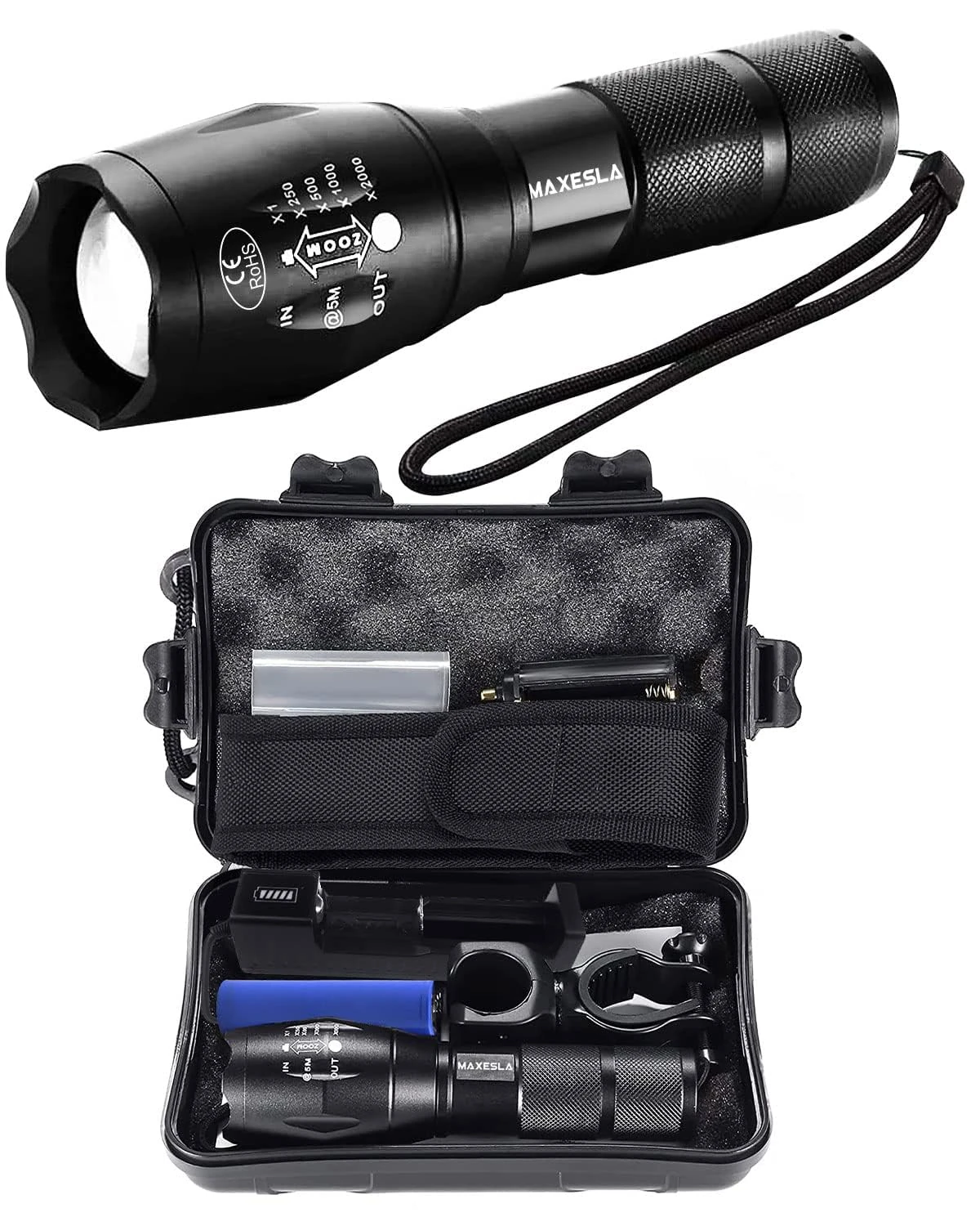 Maxesla Rechargeable LED Torch Set High Lumen, IP65 Waterproof, 5 Modes, Zoomable Pocket Torch Led Super Bright Flashlight, Battery Powered Torch for Camping, Hiking, Outdoor, 18650 Battery Included