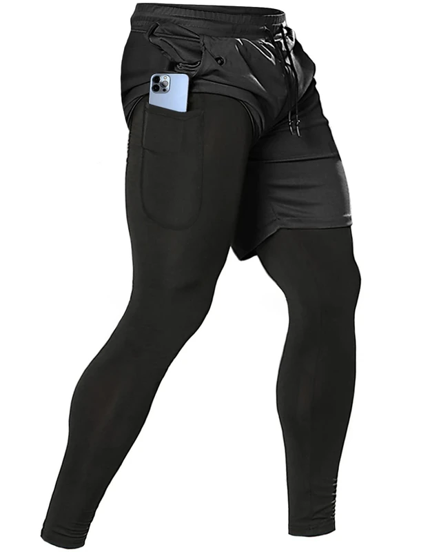 Aolesy Men's 2 in 1 Running Pants, Gym Workout Compression Pants for Men Training Athletic Pants, Black, Large