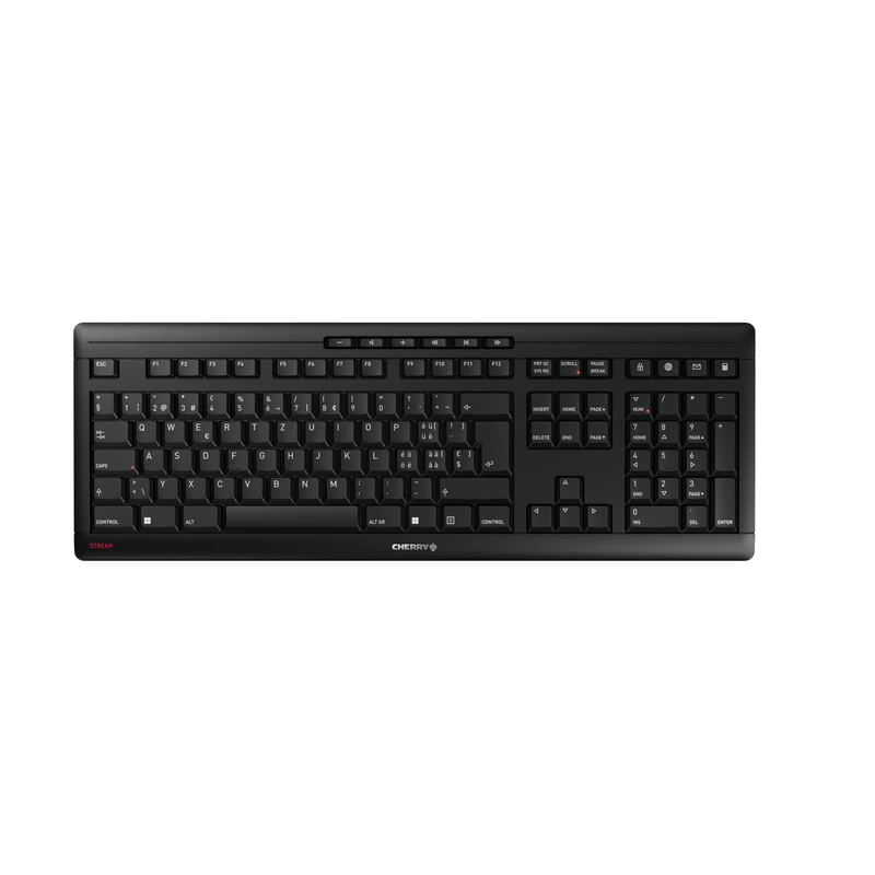 CHERRY STREAM KEYBOARD WIRELESS, Cordless Keyboard, Swiss Layout (QWERTZ), 2.4 GHz RF, Quiet Keys, Flat Design, Battery-Operated, Black