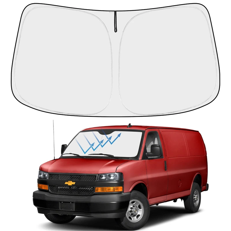 Windshield Sun Shade Foldable Sunshade Protector Custom Fit 1996-2021 2022 Chevrolet Express Cargo Van, 1500, 3500, 4500, LS, LT Winter Accessories