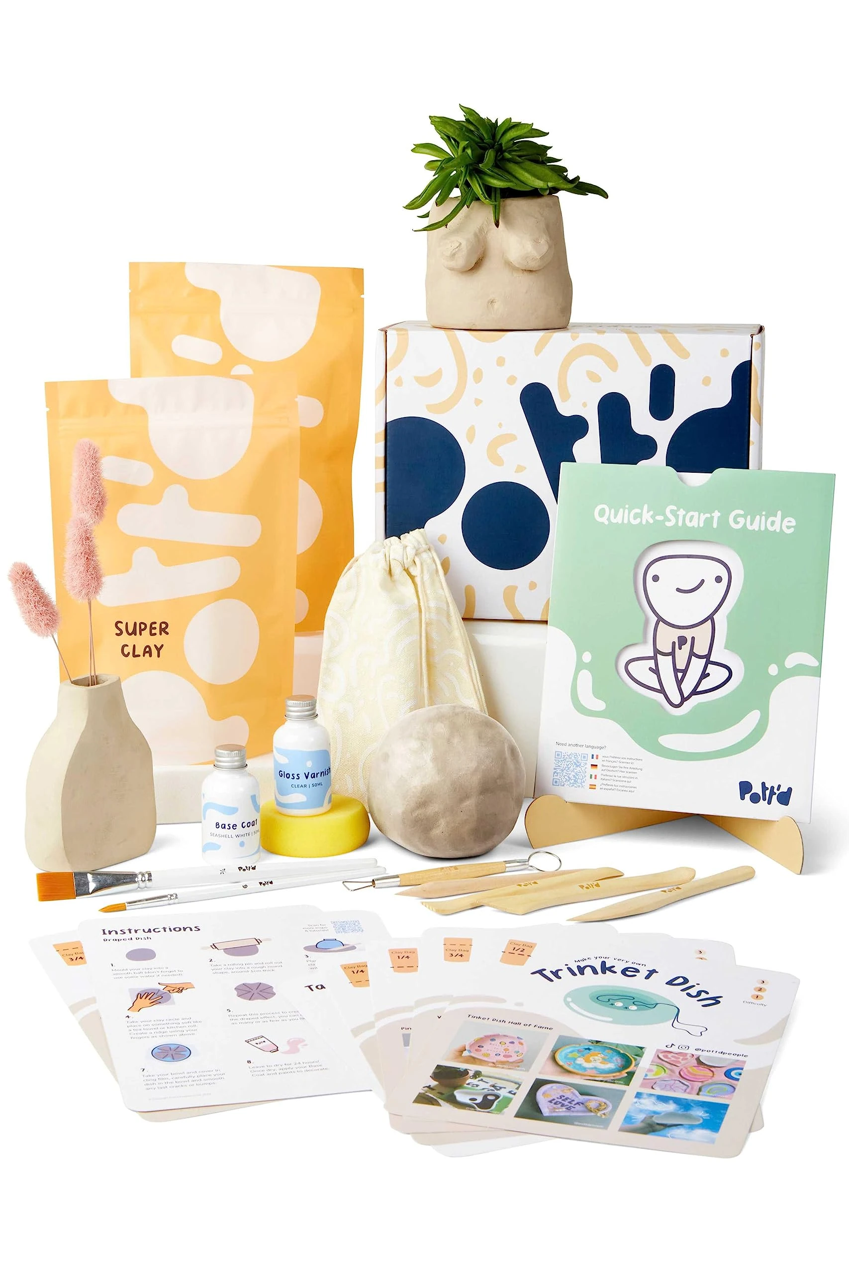 Pott'd at Home Pottery Kit for Adults. Air Dry Clay Kit for Beginners. Craft Kits for Adult Includes: Air-Dry Clay for Adult, Tools, Paints, Brushes, Sealant, How-to-Guides