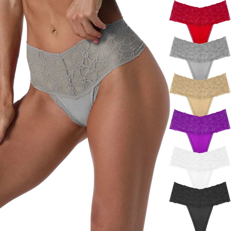 Umiehary High Waist T Back Lace Fashion & Retro Thick Band Women Thongs with Multiple Colors Plus Size, 6 Pcs Floral Thongs, M