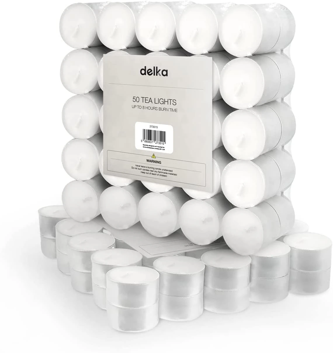 delka Unscented Tea Lights White- Long-Lasting 8 Hour Burn Time-Smoke-Free Bright Flame -Ideal for Weddings, Events, Aromatherapy, Home Décor, and Emergency Use-Premium Quality (White, Pack of 50)