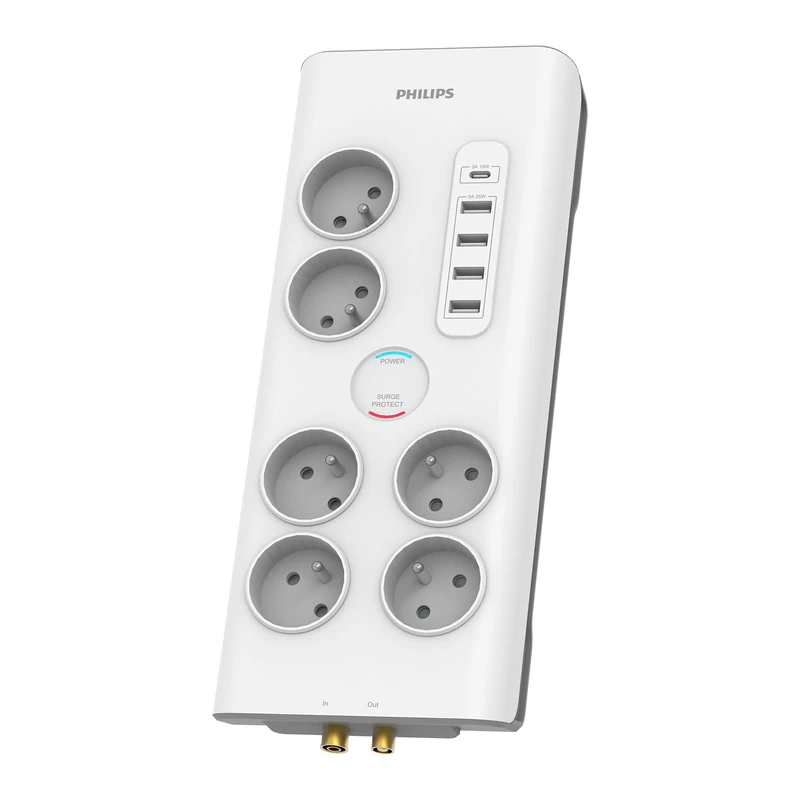 Philips 6-Way Power Strip - SPN7061WA/19-230V - White - USB/USB-C - Coaxial Connections - Power Protection - Image 1