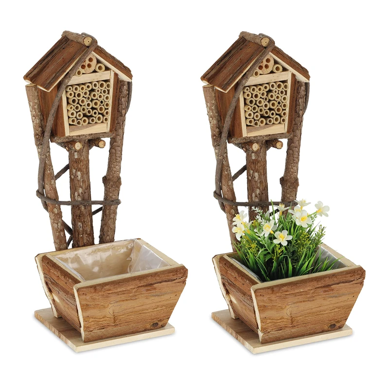 Relaxdays bee hotel with planter box, in a set of 2, small nesting box for bees, bee hive for the garden, natural wood