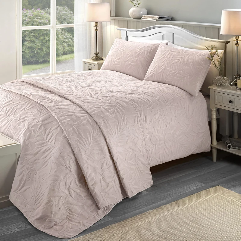 Serene - Blush Pink Leaf Embossed Duvet Cover - Super King Bedding Size (260 x 220cm) - Soft Touch - Leaf/Leaves Embroidery Duvet Cover in Blush Pink - Luxury Bedding Set - Luana Collection