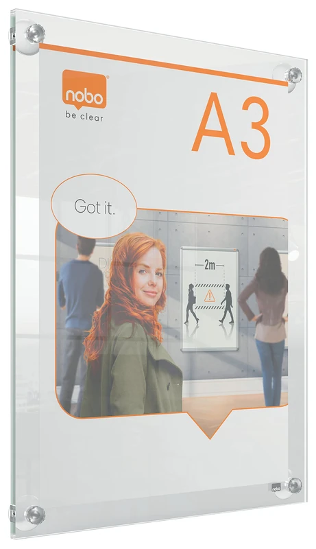 Nobo A3 Acrylic Wall Mounted Repositionable Poster Frame, Frameless, Portrait/Landscape, Suction Cup Pad Mounting, Premium Plus, Clear, 1915599