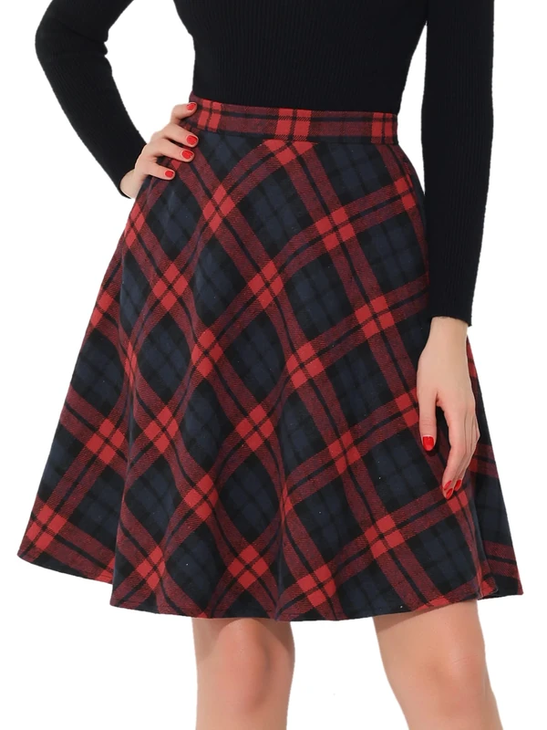 Allegra K Women's Plaids Vintage Tartan Elastic Waist Knee Length A-Line Skirt, Red, XS