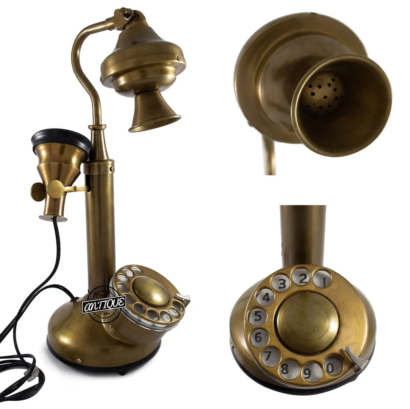 Vintage retro telephone brass made, functional rotary dial and classic bell, tabletop decorative rotary phones for decor