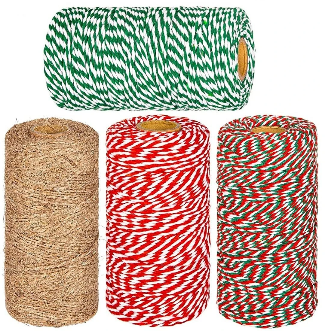 LATERN 4Pcs Christmas Jute Strings and Cotton Twine Rolls, 1312 Feet Red White Green Cotton String Jute Twine Wrapping Rope Cord for Xmas DIY Crafts Christmas Gifts Presents Baking