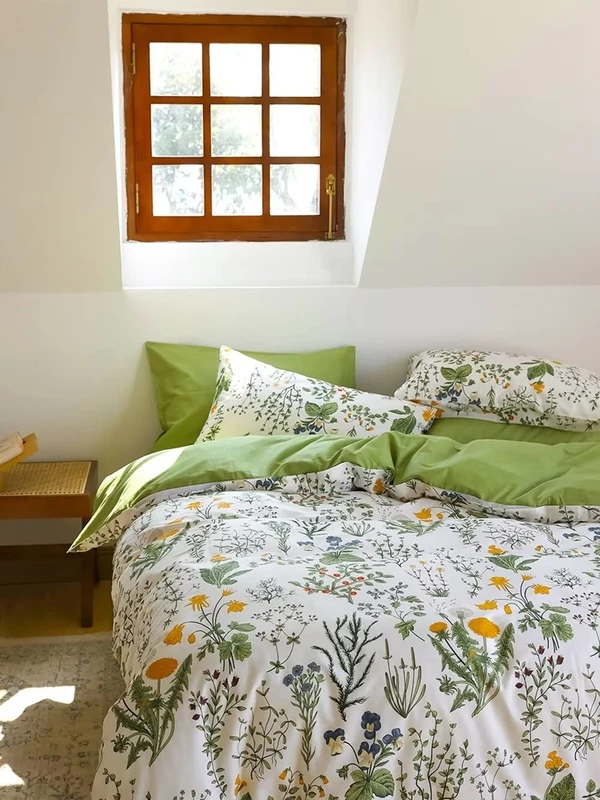 Houseri Green Floral Duvet Set Queen Yellow Small Flowers Botanical Bedding Set Queen Teens Girls Women Rustic Style Green Leaves Boho Quilt Queen Size