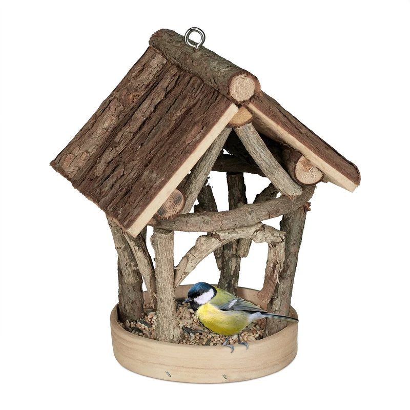 Relaxdays bird feeder station made from wood, feeding platform for wild birds, to hang up, bird house, natural colour - Image 1