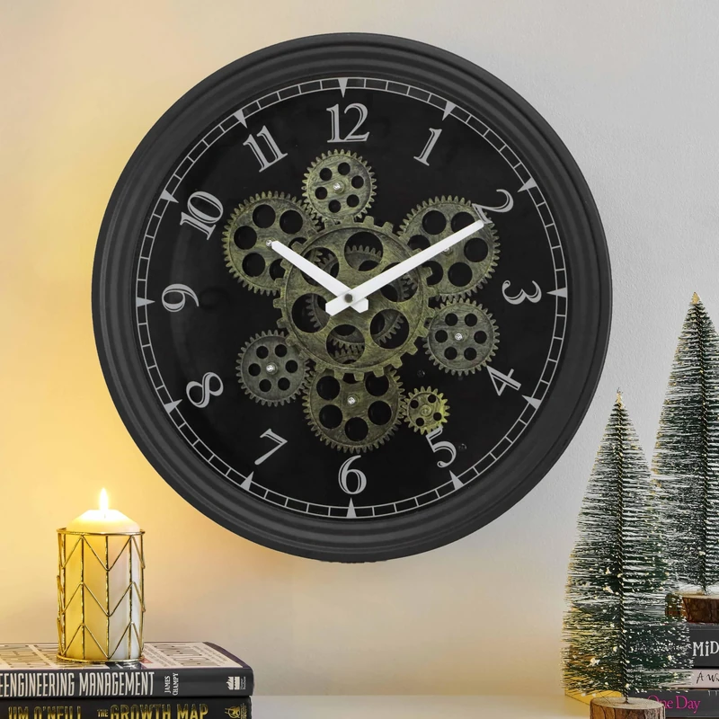 CLXEAST 15 Inch Real Moving Gear Wall Clock, Vintage Industrial Steampunk Aesthetics Art Home Decor Clock, Small Modern Classic Metal Black Gold Wall Clock for Living Room Decor,Kitchen, Office