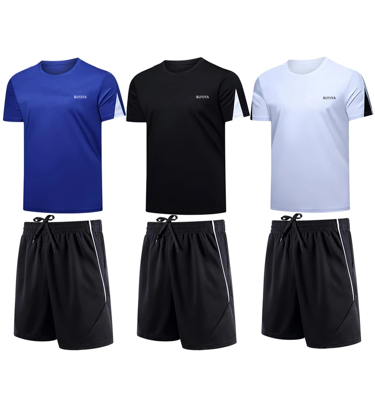 BUYJYA Men's Active Athletic Shorts Shirt Set 3 Pack for Workouts Basketball Football Exercise Training Running, Black-white-blue, S