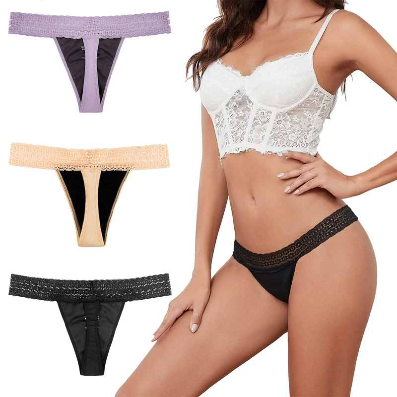 shaperisfree Sexy Period Underwear for Women, Lace Leak Proof Period Thongs, 4 Layers Absorbent Panties Bikinis, Black/Apricot/Purple-3pack, L - Image 1