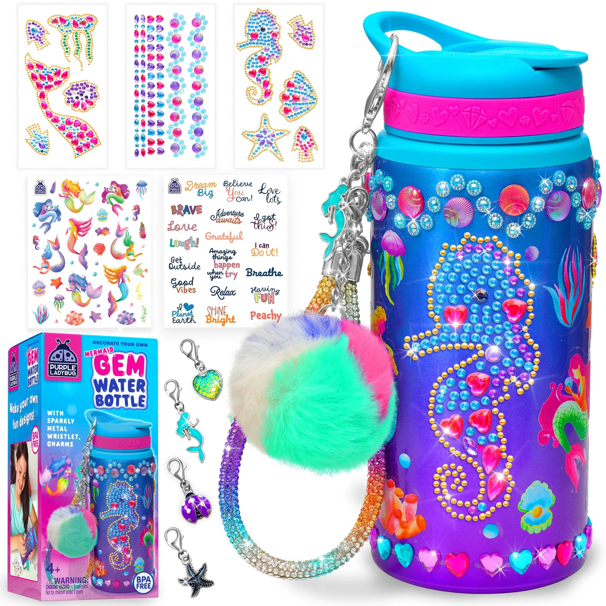 PURPLE LADYBUG Decorate Your Own Mermaid Water Bottle Craft Kit for Girls - BPA-Free - Reusable Bottle with Gem Stickers, Charms, Wristlet & Pompom – Perfect Christmas Presents for Girls (590ml)