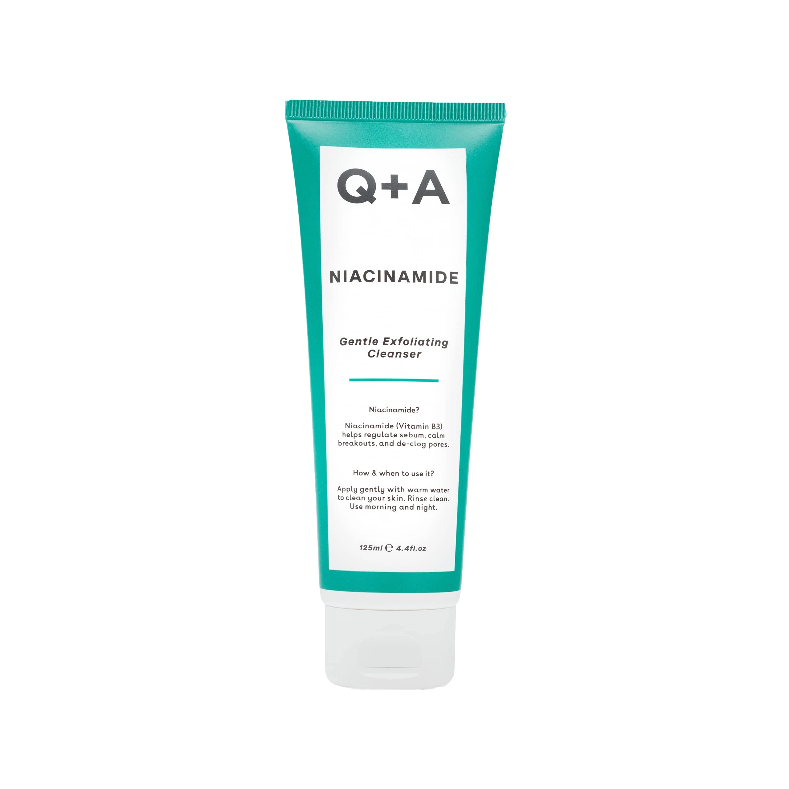 Q+A Niacinamide Gentle Exfoliating Face Cleanser (125ml), Face Scrub, Exfoliating Face Wash with Jojoba Esters and Prebiotics, Cleanses While Calming Sensitivity and Blemish-Prone Skin, Fragrance Free
