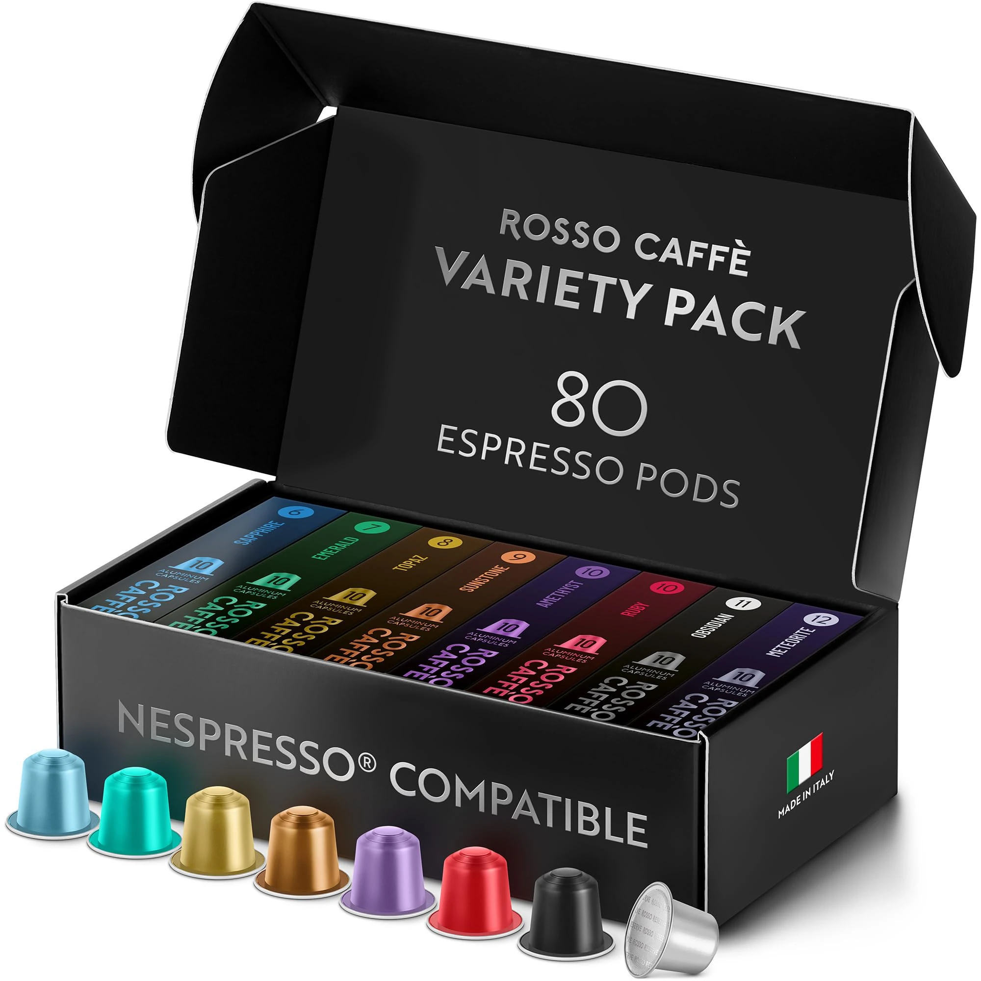 ROSSO CAFFÈ 80 Nespresso Machine Compatible Capsules, "Reserve Edition" Variety Pack, 8 Flavours, Aluminium Coffee Pods - Made in Italy
