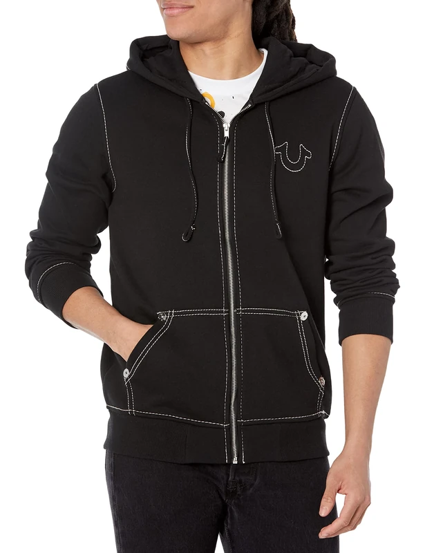 True Religion Men's Big T Zip Up Hoodie, Jet Black, XL