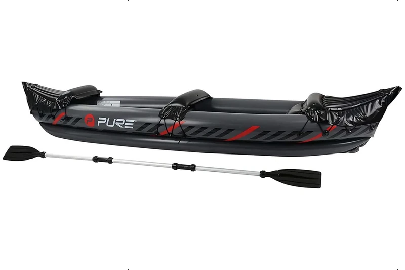 Pure4Fun Inflatable Kayak - 2 Person Inflatable Kayak Boat Set - Includes Aluminium Paddle, Repair Kit, Black/Red, 325x81x53cm, P4F150040