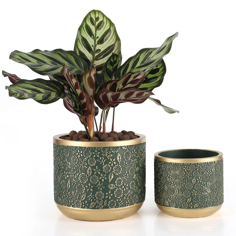 Ten-stone 6 Inch Cement Flower Pot with Drainage Hole (Gold/Green)