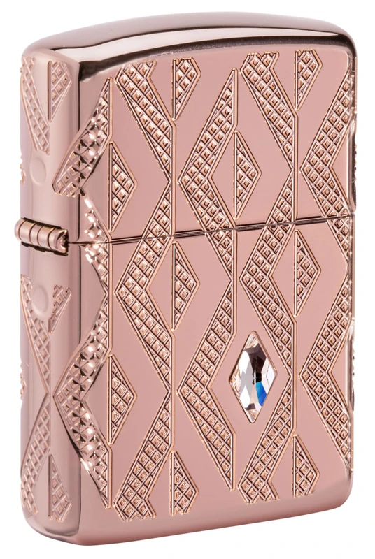 Zippo Windproof Lighter, Geometric Diamond Pattern Design – High Polished Rose Gold, MultiCut Crystal Attached – Refillable, Reusable, Windproof Design – Comes in Gift Box – Made in USA