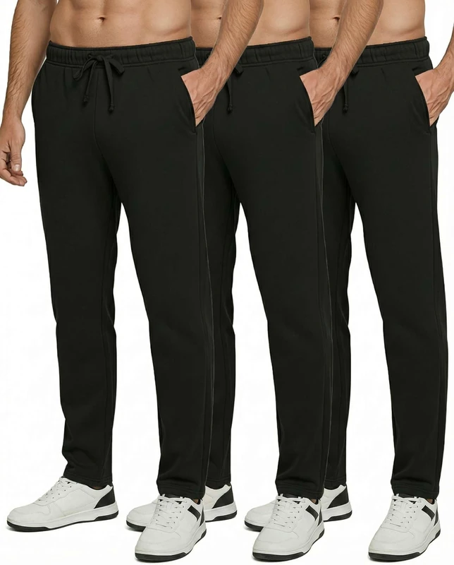 3 Pack Men's Open Bottom Sweatpants Jogger Trouser Tech Fleece Active Sports Athletic Training Football Track Gym Running Casual French Terry Pockets Bottom Lounge Pants Heavy Warm - Set 6, XL
