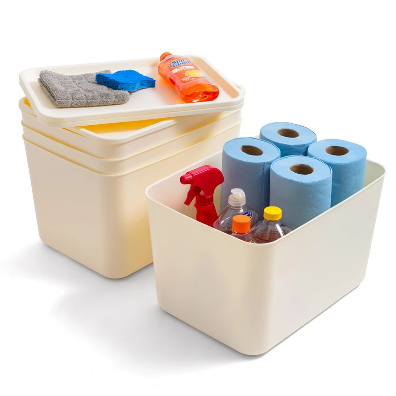 IRIS USA, Inc. Stackable Lidded Storage Organizer Bins for Kitchen, Bathroom and Bedroom, Off White, L
