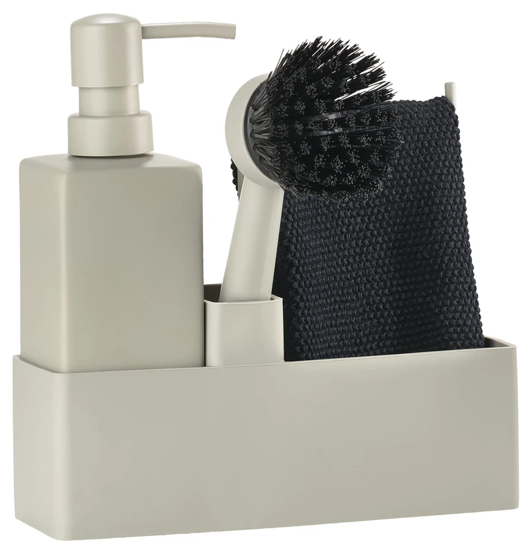 Zone Denmark Mud Dish Washing Up Organiser with Soap Dispenser/Detergent Dispenser, Dish Cloth and Washing Up Brush, 19 x 6 x 20.5 cm, Set of 4 Pieces - Image 1