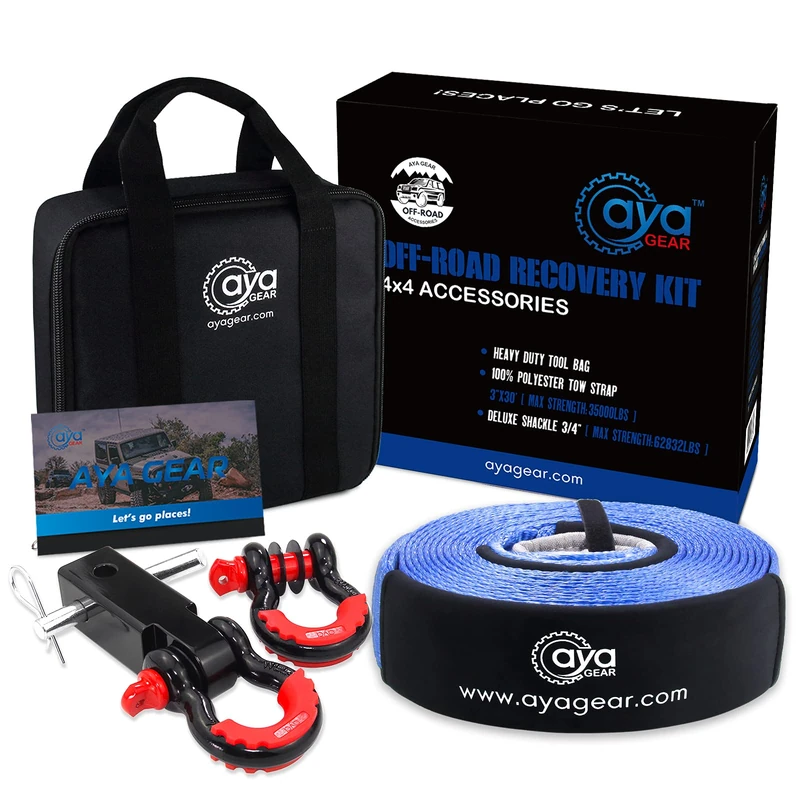 AYA Gear Off road Recovery Gold Kit | 3" x30' (35,000 lbs) 100% Nylon Tow Strap + 2" Shackle Hitch Receiver + 3/4 Shackles (2pcs) with Isolator +Storage Bag| Recovery Gear Combos 4x4 Winch Accessory