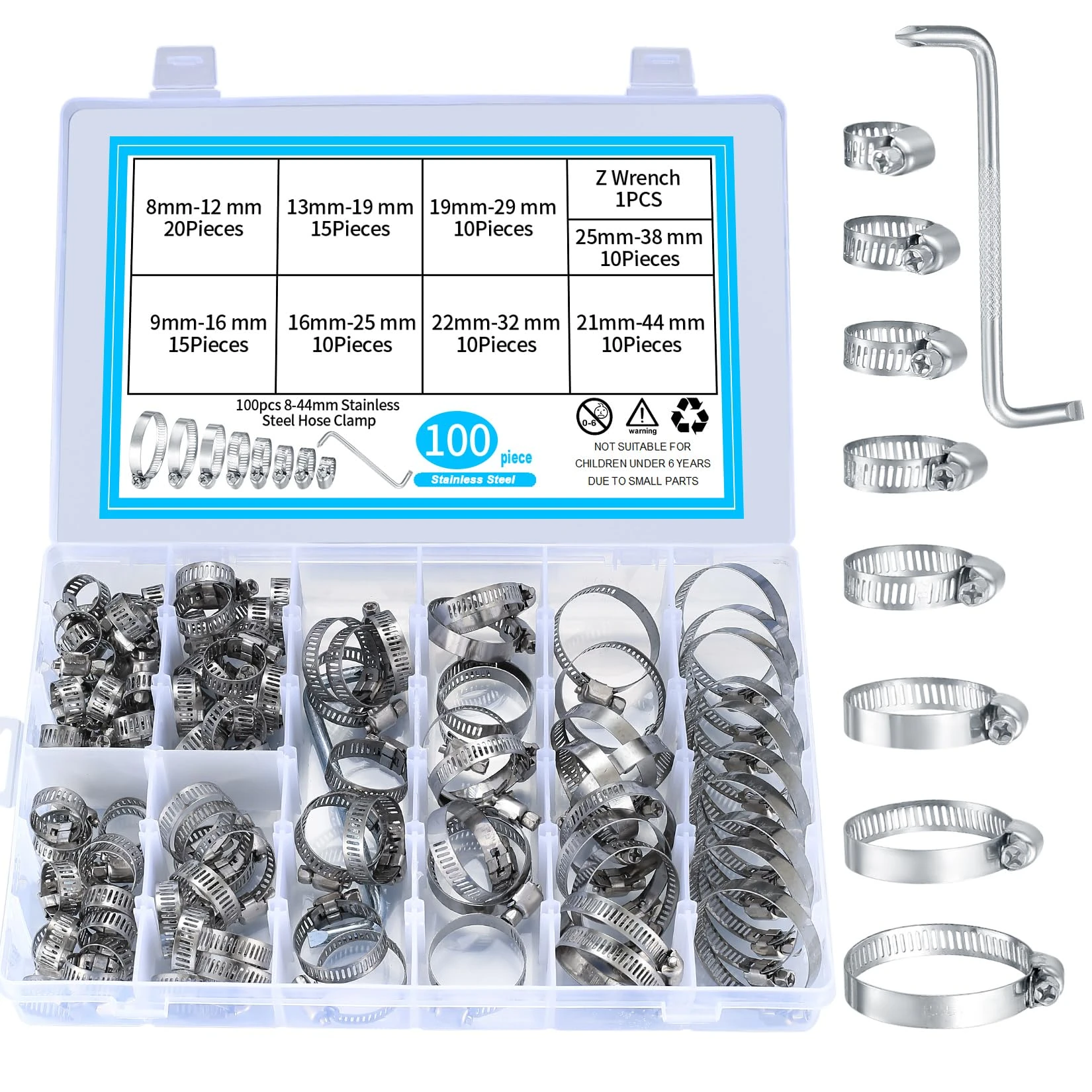 100 Pcs Hose Clips Adjustable 8-44mm Range, Stainless Steel Hose Clamps Assorted Kit, Water Pipe Clamps Clips Assorted with Screwdriver for Gas Automobile Pipe
