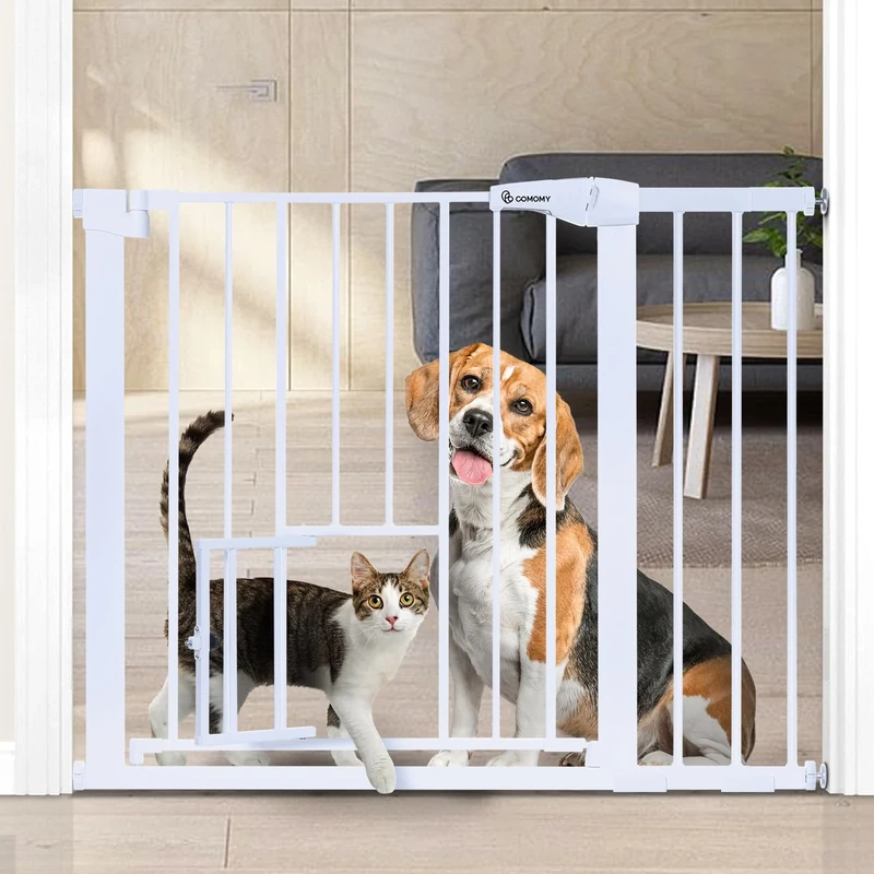 Dog Gate Extra Wide Tall Durable Pet Gate Easy Walk Thru Dog Fence Gate with Pet Door for Stairs Doorways House, Fits Openings 29.5"-40.5", Pressure Mounted, White