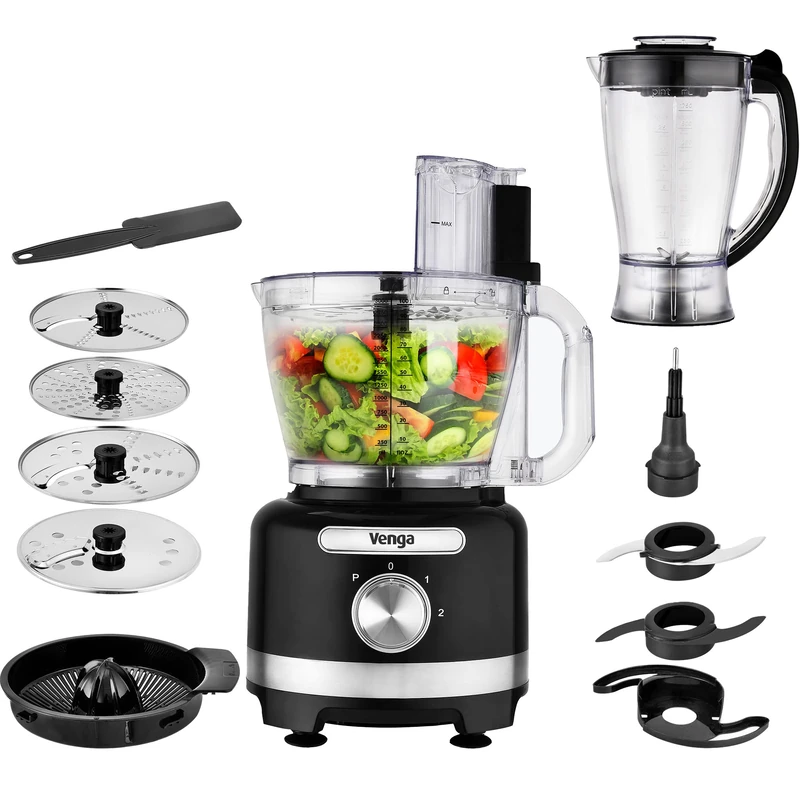 Venga! 8-in-1 Food Processor, 3 L Bowl, 1.75 L Blender, 2 Speed Settings, Pulse Setting, 1000 W, Black/Silver, VG HA 3001 BS